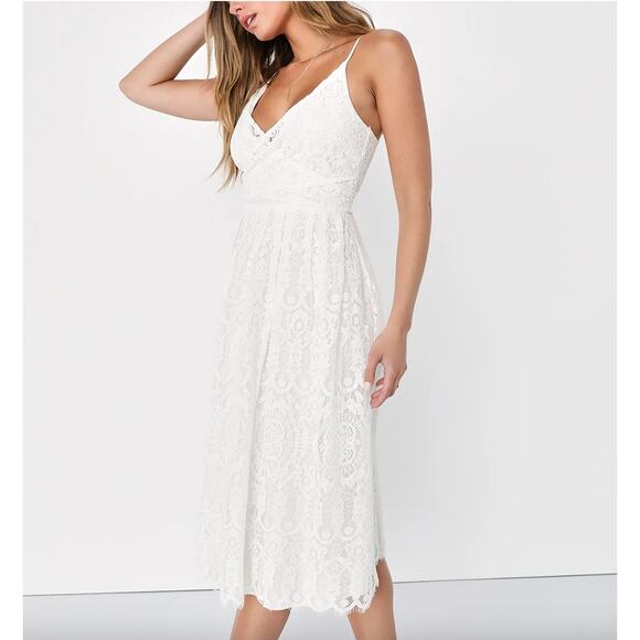 Lulus S Ivory Floral Lace Overlay Satin Tie Back Wrap Eyelash A-line Midi Dress - Picture 4 of 14